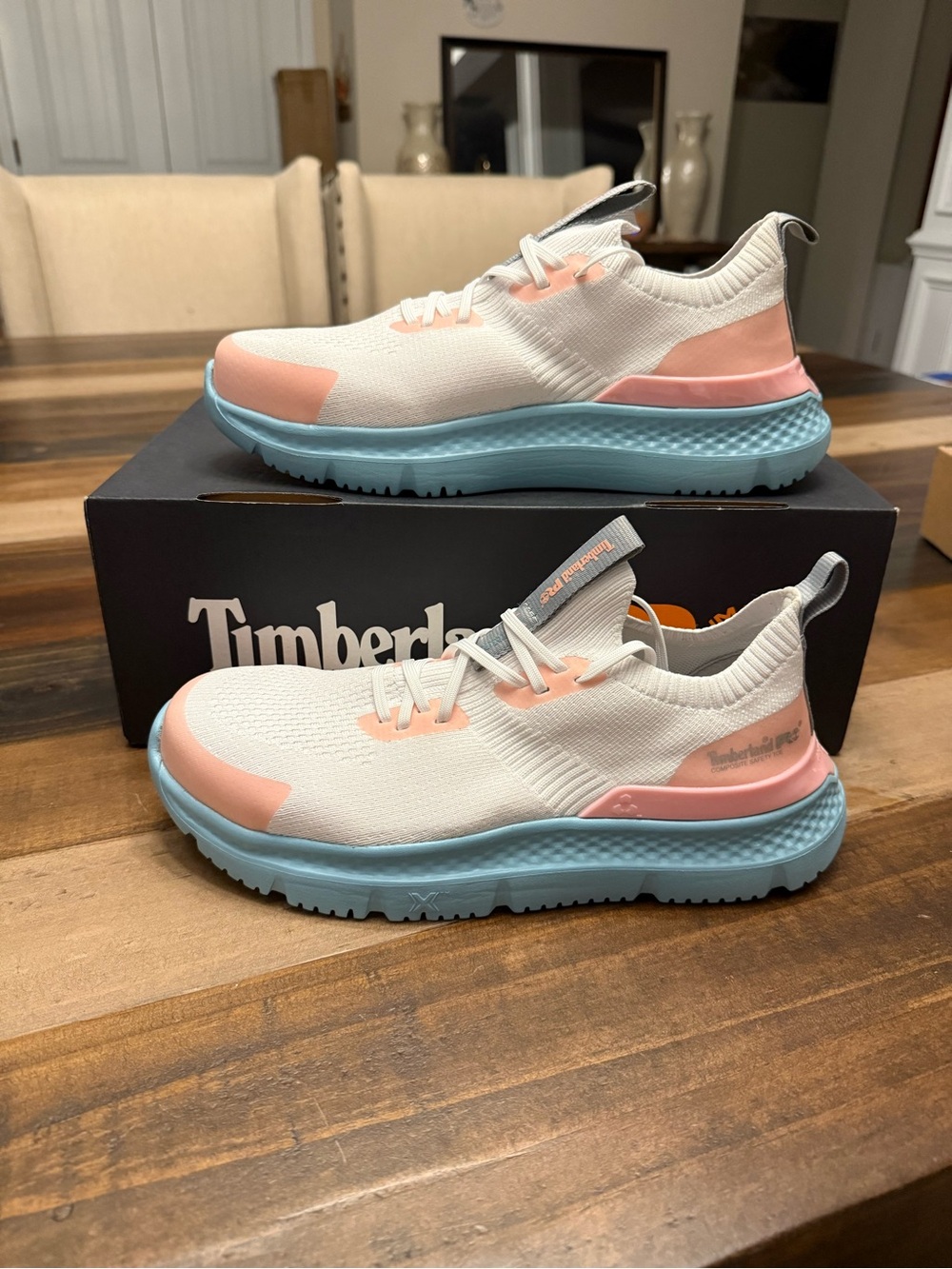Timberland Women’s Cream Sneakers with Pink Accents and Light Blue Soles